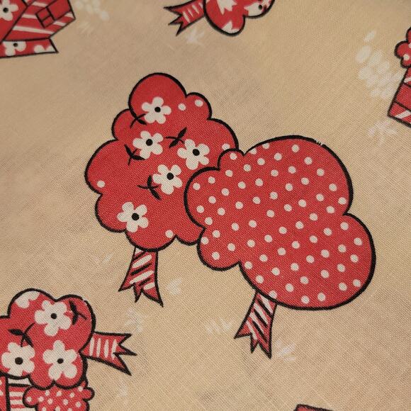 Vintage 44" x 63" Red Tan House Trees Floral Fabric Country Retro Originelle - Picture 5 of 11